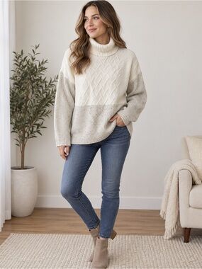 Belldini Cream Cable Knit Turtleneck Sweater Oversized Large Speckled Colorblock